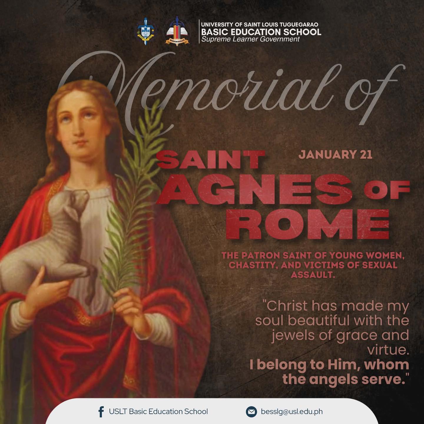 USLT - 𝗠𝗘𝗠𝗢𝗥𝗜𝗔𝗟 𝗢𝗙 𝗦𝗧. 𝗔𝗚𝗡𝗘𝗦 𝗢𝗙 𝗥𝗢𝗠𝗘 | 𝗝𝗔𝗡𝗨𝗔𝗥𝗬 𝟮𝟭 Today, we honor St ...