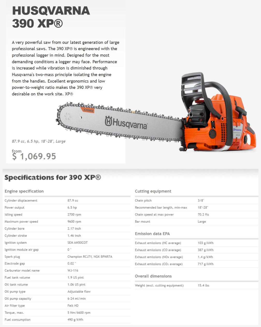 87ページ Specs for the 87.9 cc Husqvarna 390 XP, produced for some markets