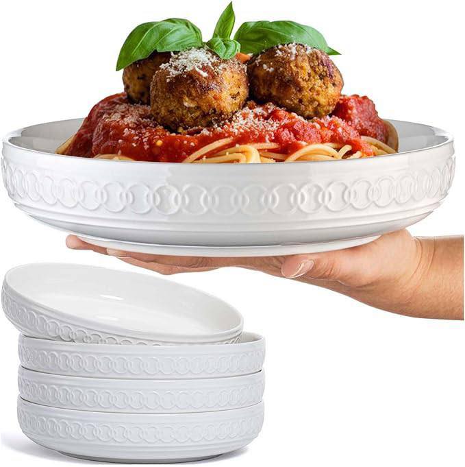 MALACASA 4-Piece Pasta Bowl Set - 56oz White Porcelain Serving Bowls Microwave Safe