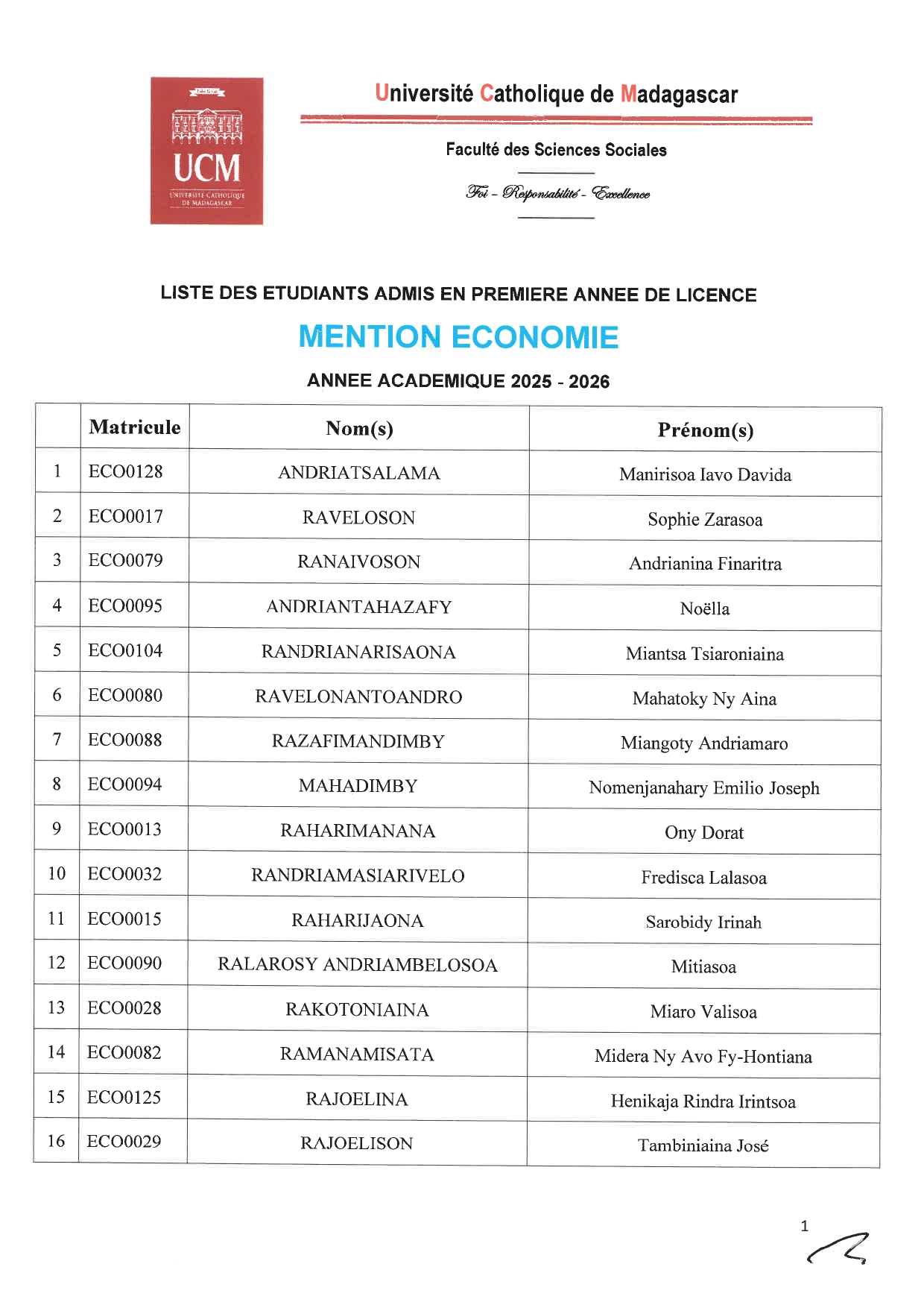 LISTE DES... - Université Catholique de Madagascar - UCM | Facebook