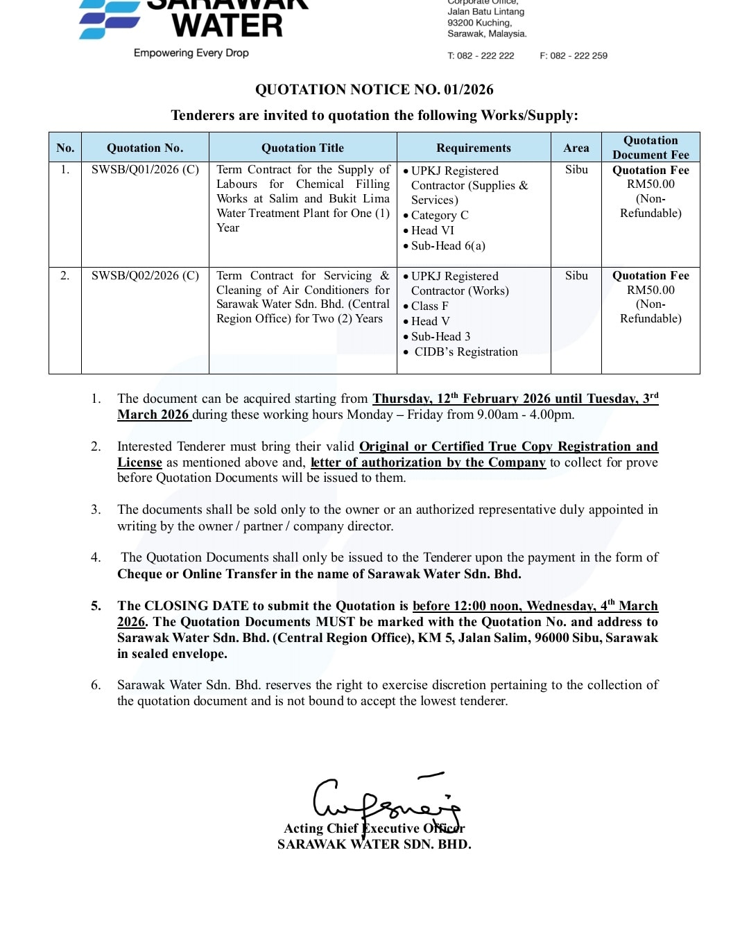 Sarawak - Quotation Notices (Central Region) Sarawak Water Sdn. Bhd ...