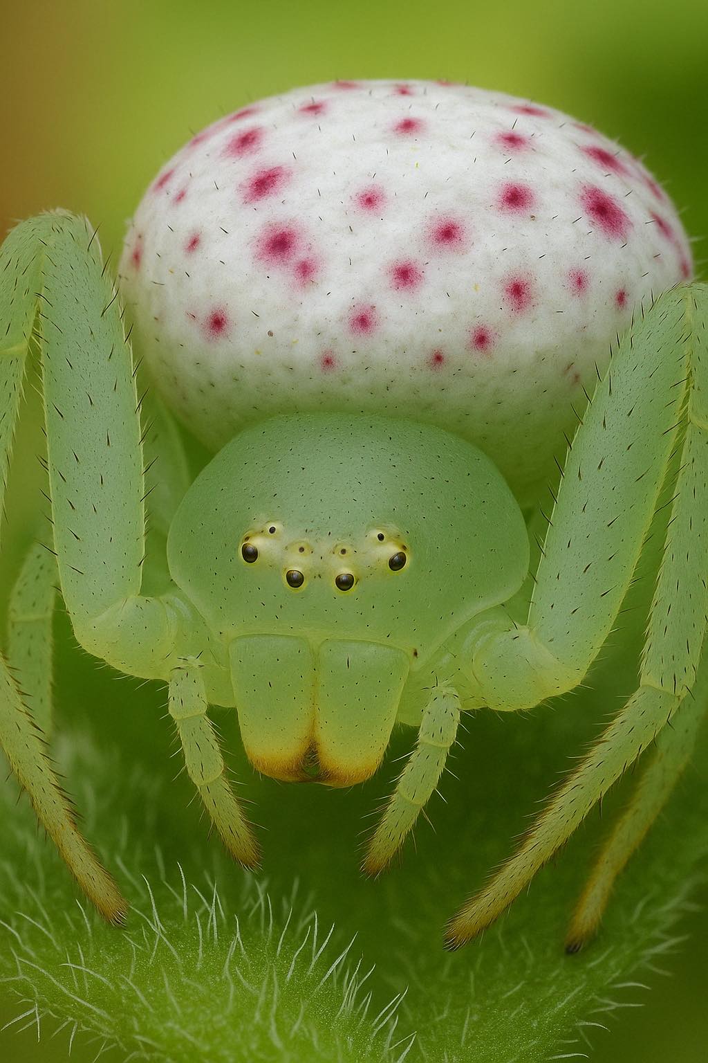 Pink flower crab spider Barbie appears to be sleeping