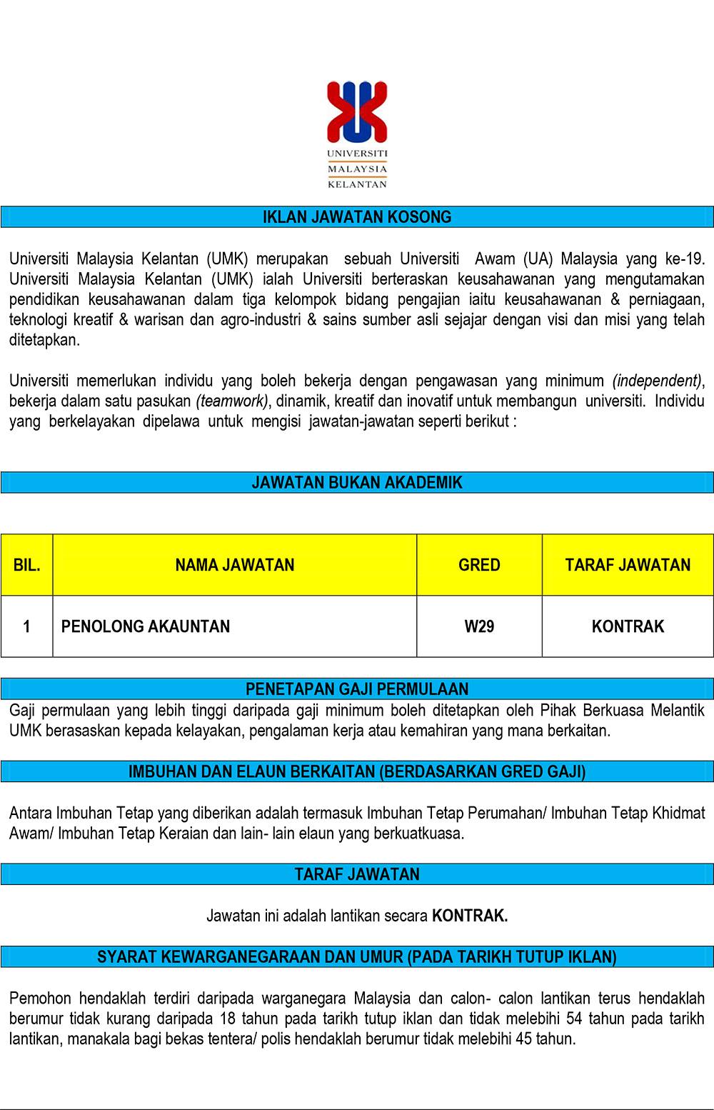 Universiti Malaysia Kelantan Rasmi Makluman Kekosongan Jawatan Bukan Akademik Di Universiti Malaysia Kelantan Penolong Akauntan Kontrak W29 Http Www Umk Edu My Index Php En Component K2 Item 515 Makluman Kekosongan Jawatan Bukan Akademik Di