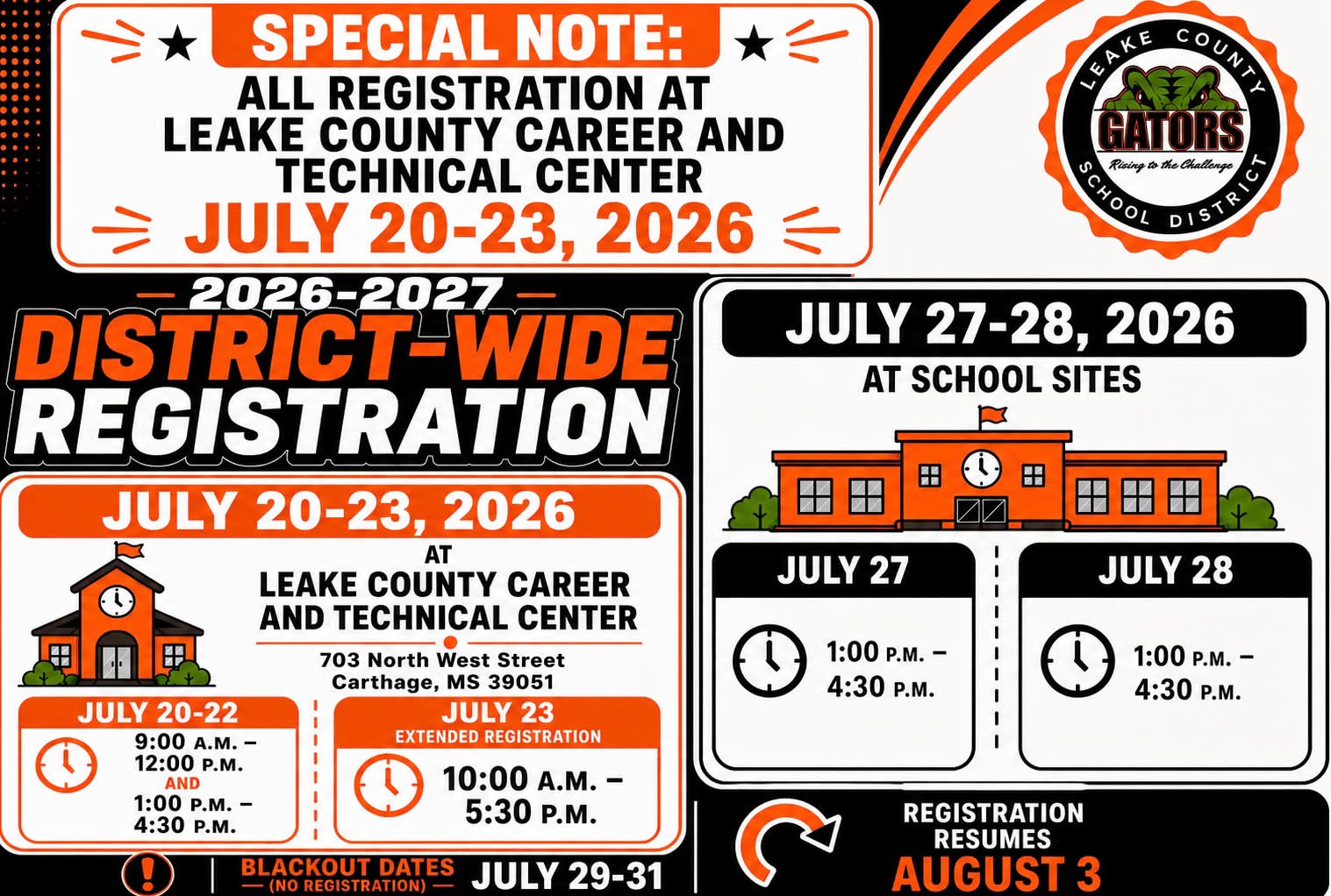 Leake County School District 2026-2027 registration schedule