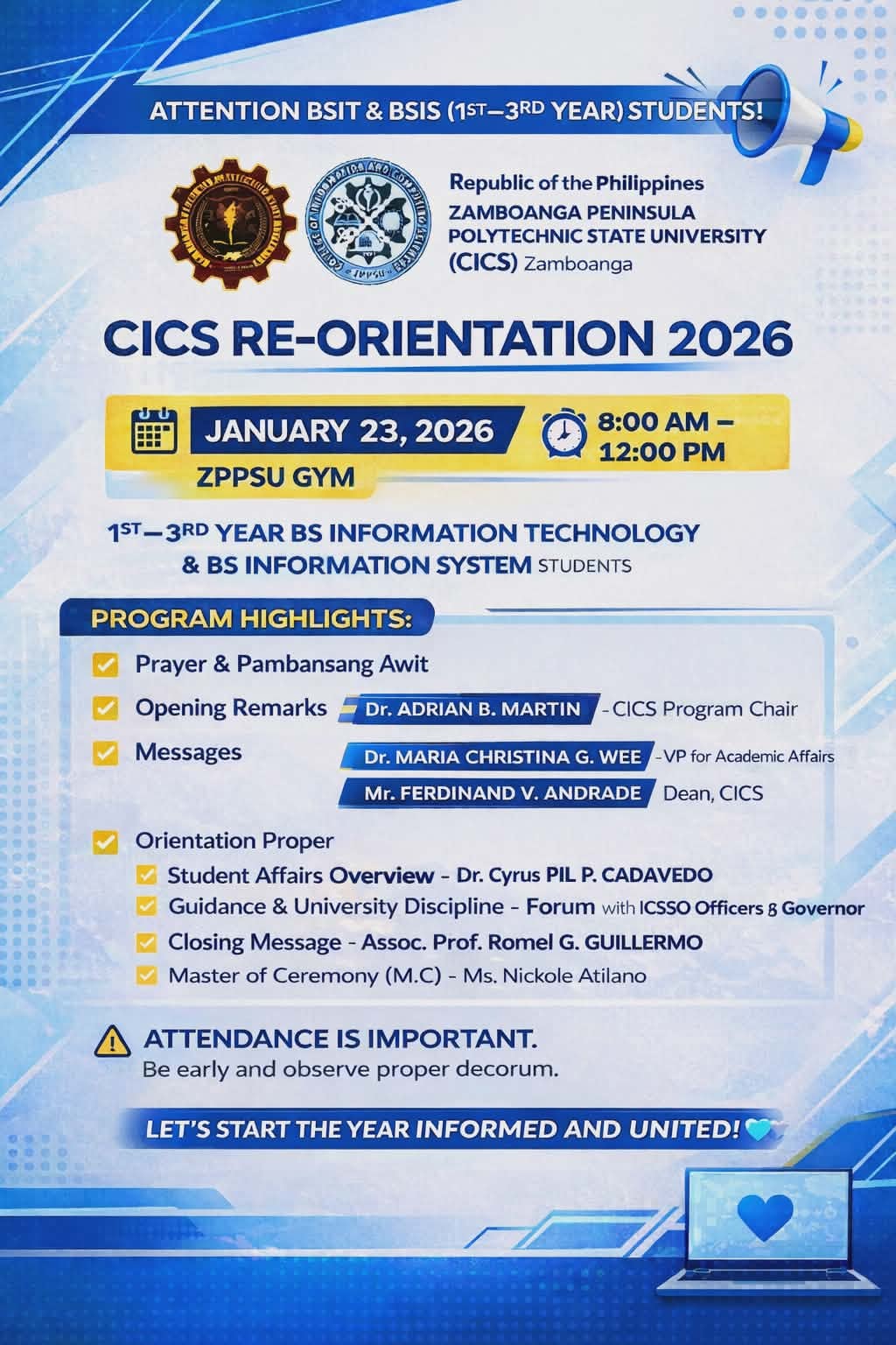 📢 𝗖𝗜𝗖𝗦 𝗦𝗧𝗨𝗗𝗘𝗡𝗧𝗦 | 𝗥𝗘-𝗢𝗥𝗜𝗘𝗡𝗧𝗔𝗧𝗜𝗢𝗡 𝗗𝗔𝗬 Attention BSIT & BSIS (1st–3rd ...