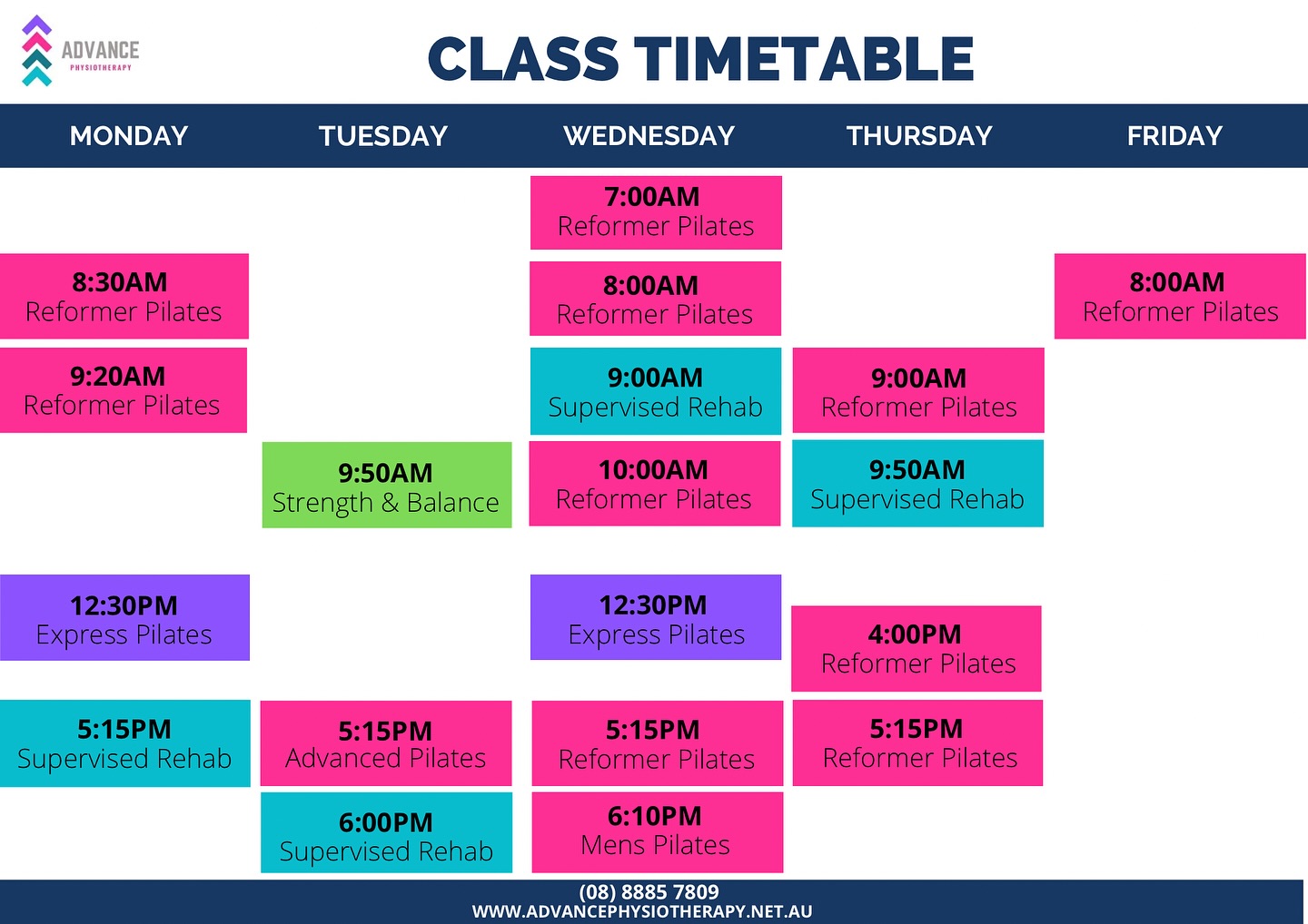 NEW CLASS TIMETABLE 🩵 We are... - Advance Physiotherapy | Facebook
