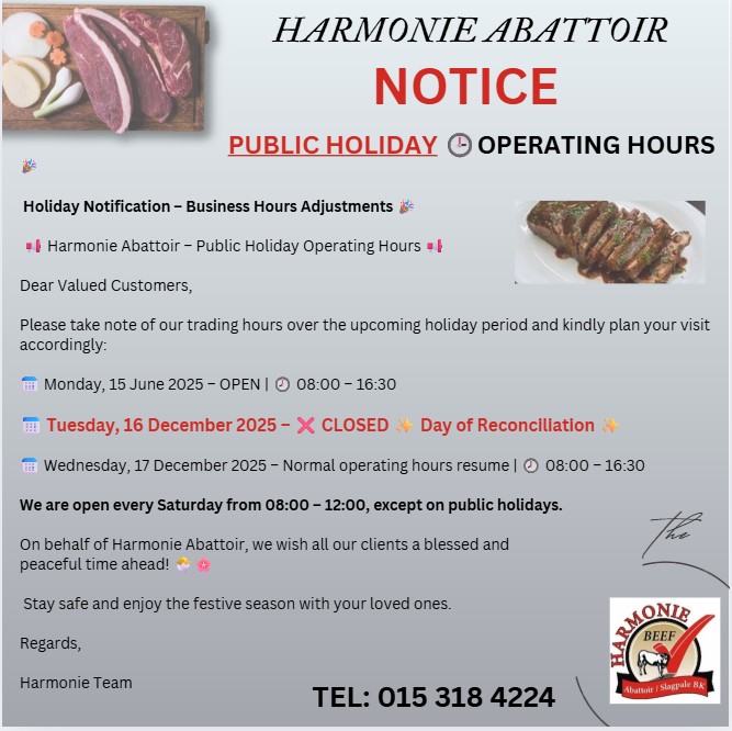 🎉 Public Holiday... - Harmonie Group - Abattoir / Slagpale | Facebook