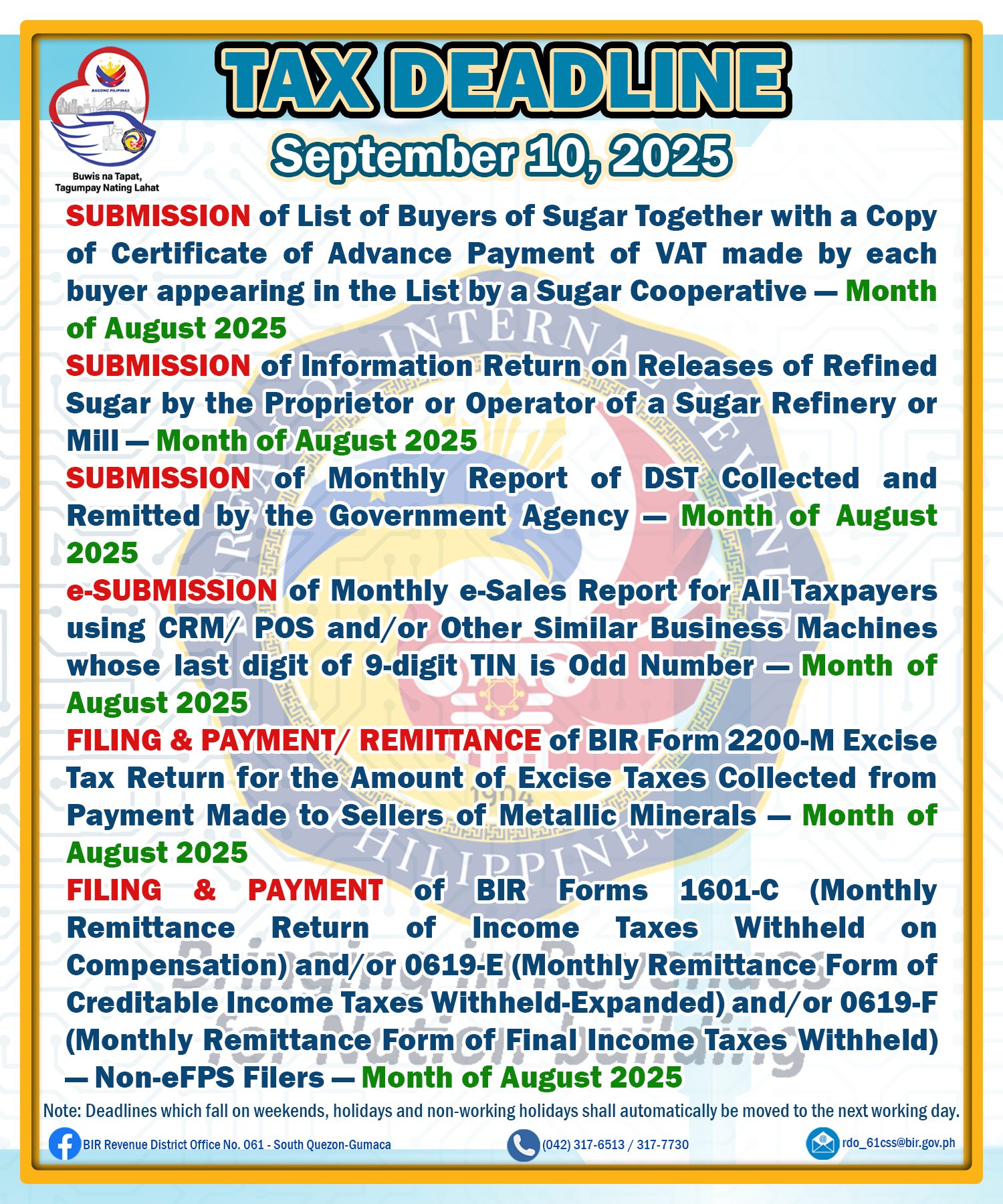 ️ ️ ️ Tax Deadline: August 12, 2025 e-FILING of BIR Forms 1601-C ...