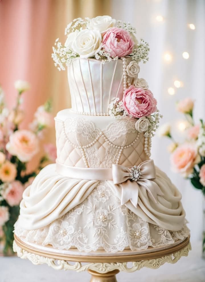 👰 Wedding Dress Inspired Birthday Cake A luxurious three-tier couture bridal celebration cake 🎂 Cake Layers (6
