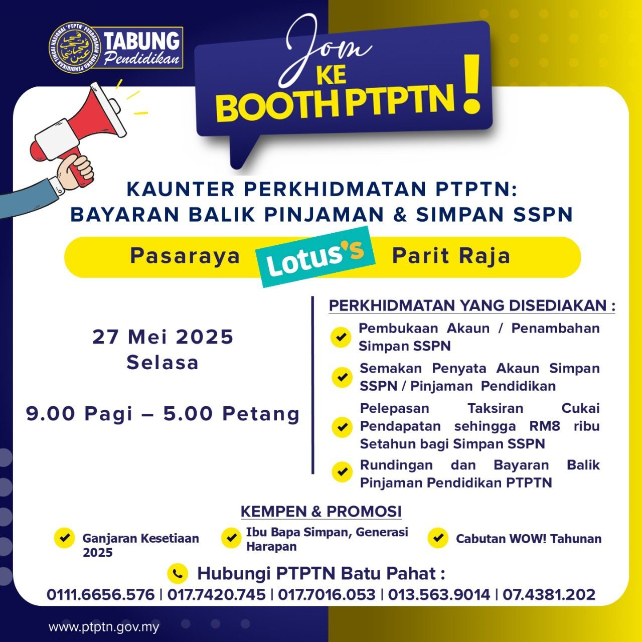 PTPTN - 𝙈𝘼𝙆𝙇𝙐𝙈𝘼𝙉 𝙋𝙀𝙈𝘽𝙐𝙆𝘼𝘼𝙉 𝙆𝘼𝙐𝙉𝙏𝙀𝙍 𝙋𝙀𝙍𝙆𝙃𝙄𝘿𝙈𝘼𝙏𝘼𝙉 #𝙋𝙏𝙋𝙏𝙉𝘽𝘼𝙏𝙐𝙋𝘼𝙃𝘼𝙏 📍 𝟮𝟳 ...