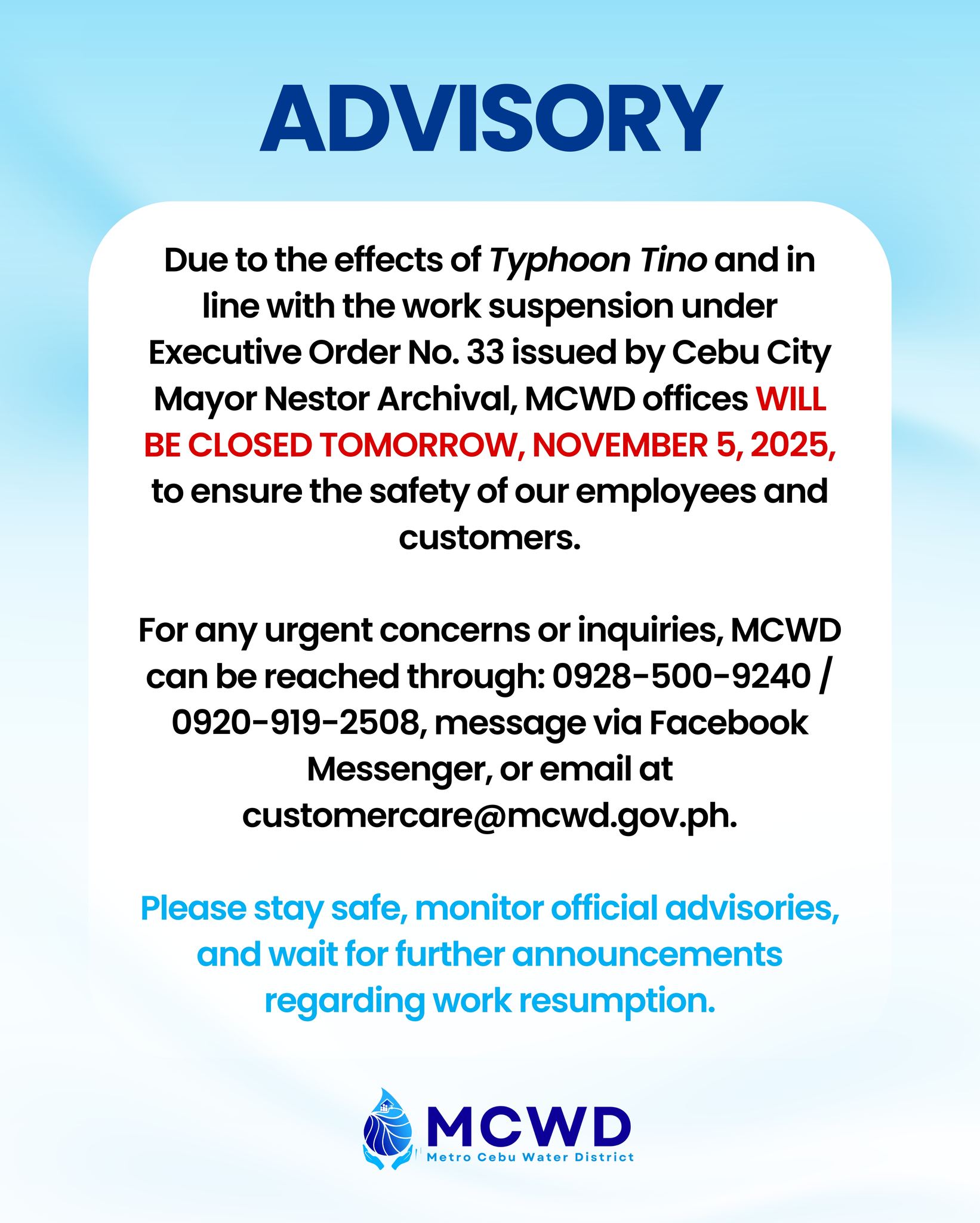Metro - ADVISORY: Due to the effects of Typhoon Tino and in line with ...