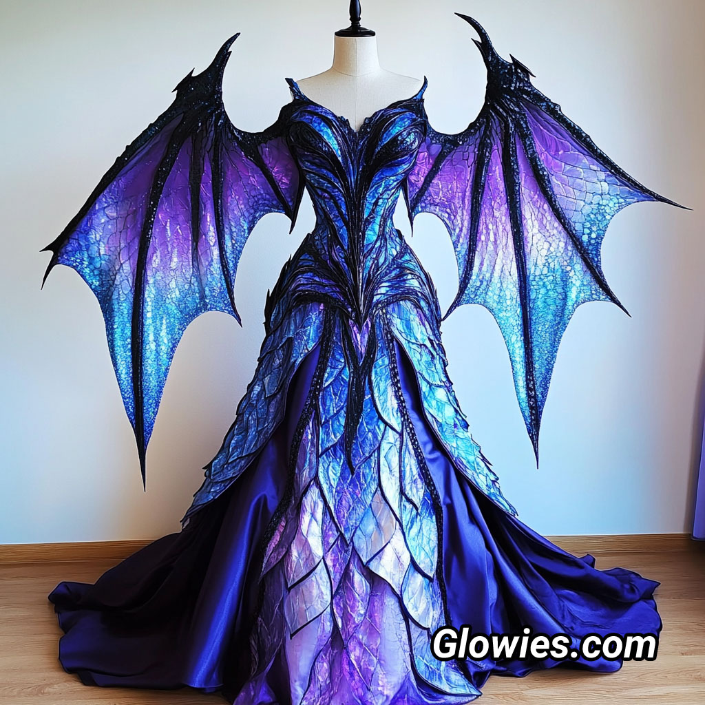 Blue and purple dragon dresses are full of magic and adventure! The dress shines with colors like the night sky and the deep sea. It has shiny scale designs that look just