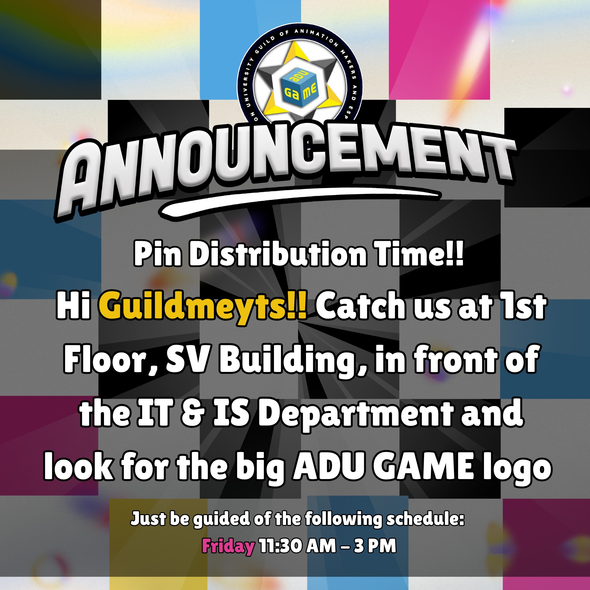 Hi Guildmeyts, please proceed to the 1st Floor of the SV Building (in ...