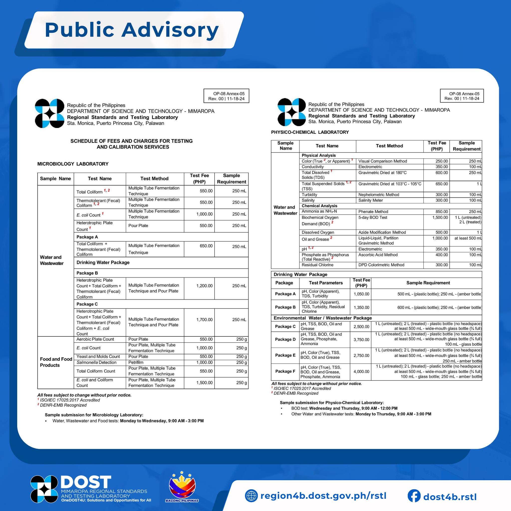 PUBLIC ADVISORY Updated Schedule of Fees and Charges for Testing and ...