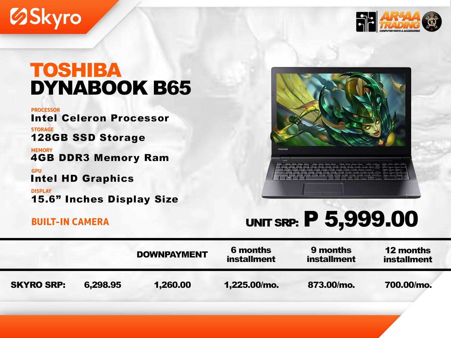 LAPTOP TOSHIBA DYNABOOK B65 INTEL CORE i3 7TH GEN 8GB RAM 128GB