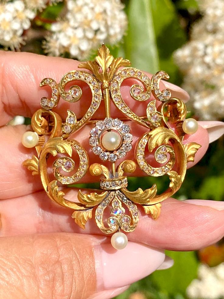 Broche Art Nouveau Ancienne Avec Perle Antique - Motif Floral - Origine France - Occasion