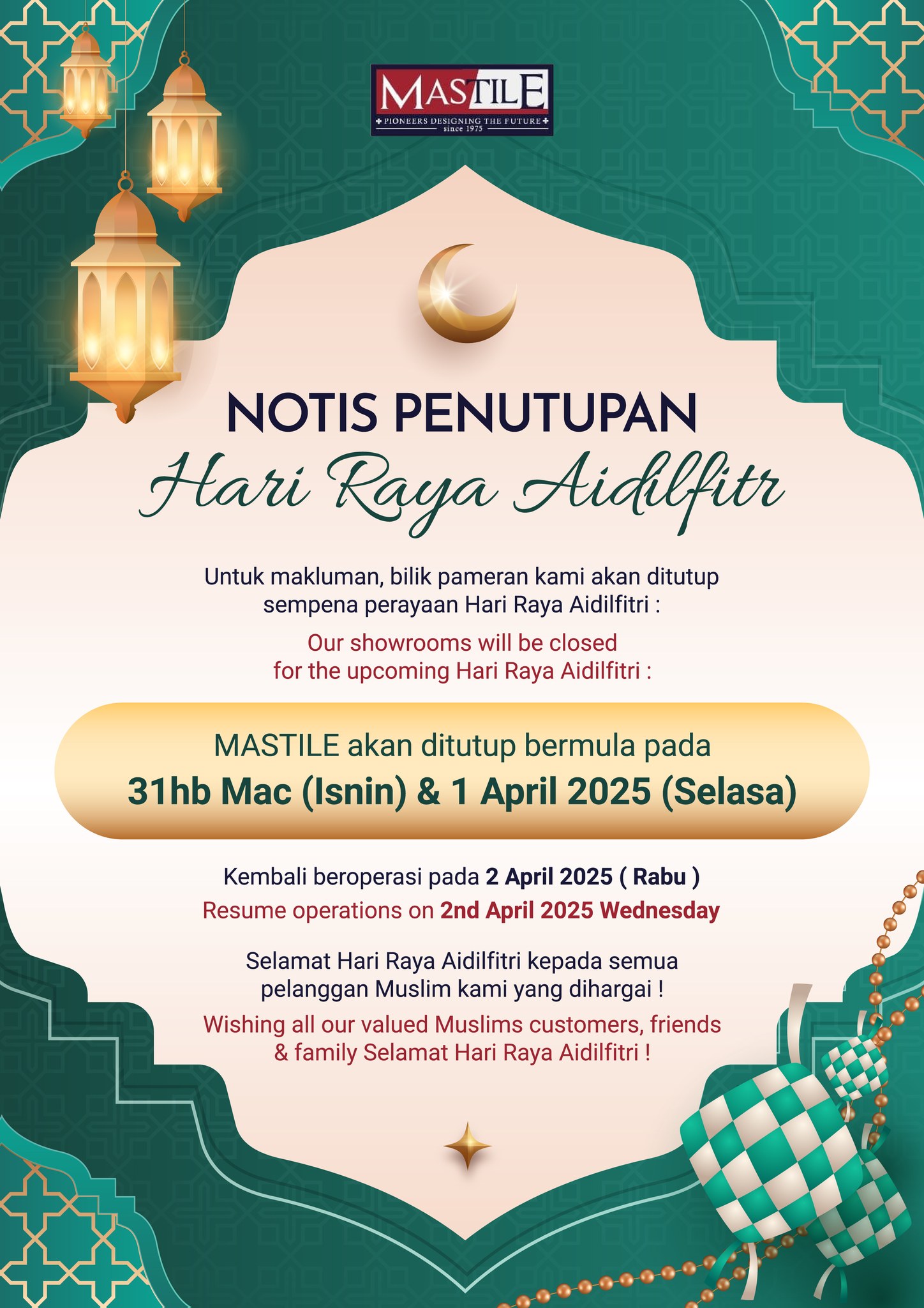 Mastile - 🌙 NOTIS PENUTUPAN OPERASI SEMPENA HARI RAYA AIDILFITRI 🌙 ...