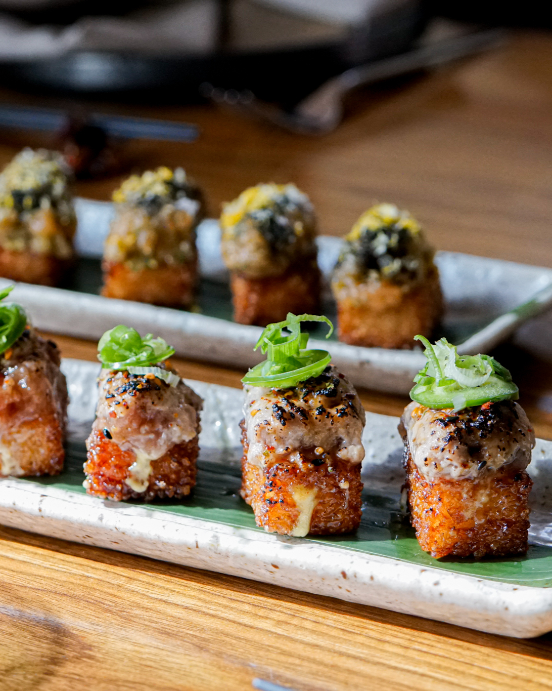 KOJO - Torched bluefin toro crispy rice with green chile, wasabi, yuzu ...