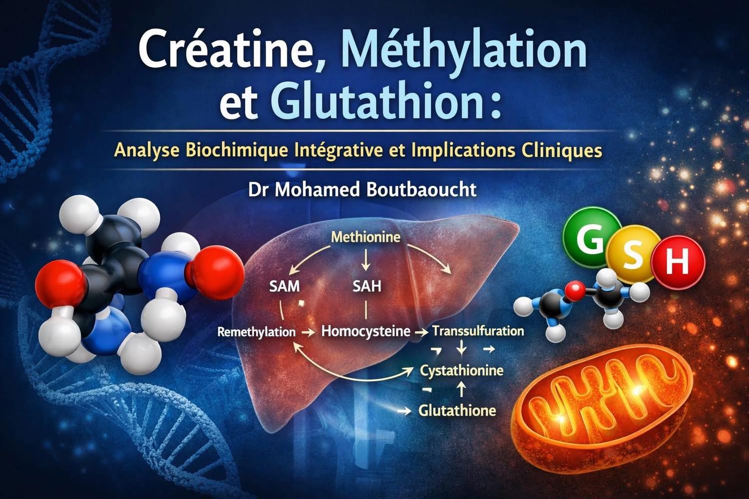 Créatine, méthylation et glutathion : analyse biochimique intégrative et implications cliniques Dr Mohamed Boutbaoucht Résumé La supplémentation en créatine est parfois présentée comme un moyen d'« épargner » les groupes méthyles et