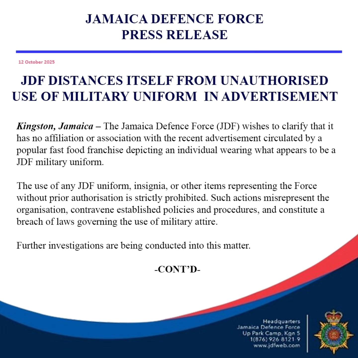PRESS RELEASE ALERT The Jamaica... - Jamaica Defence Force | Facebook