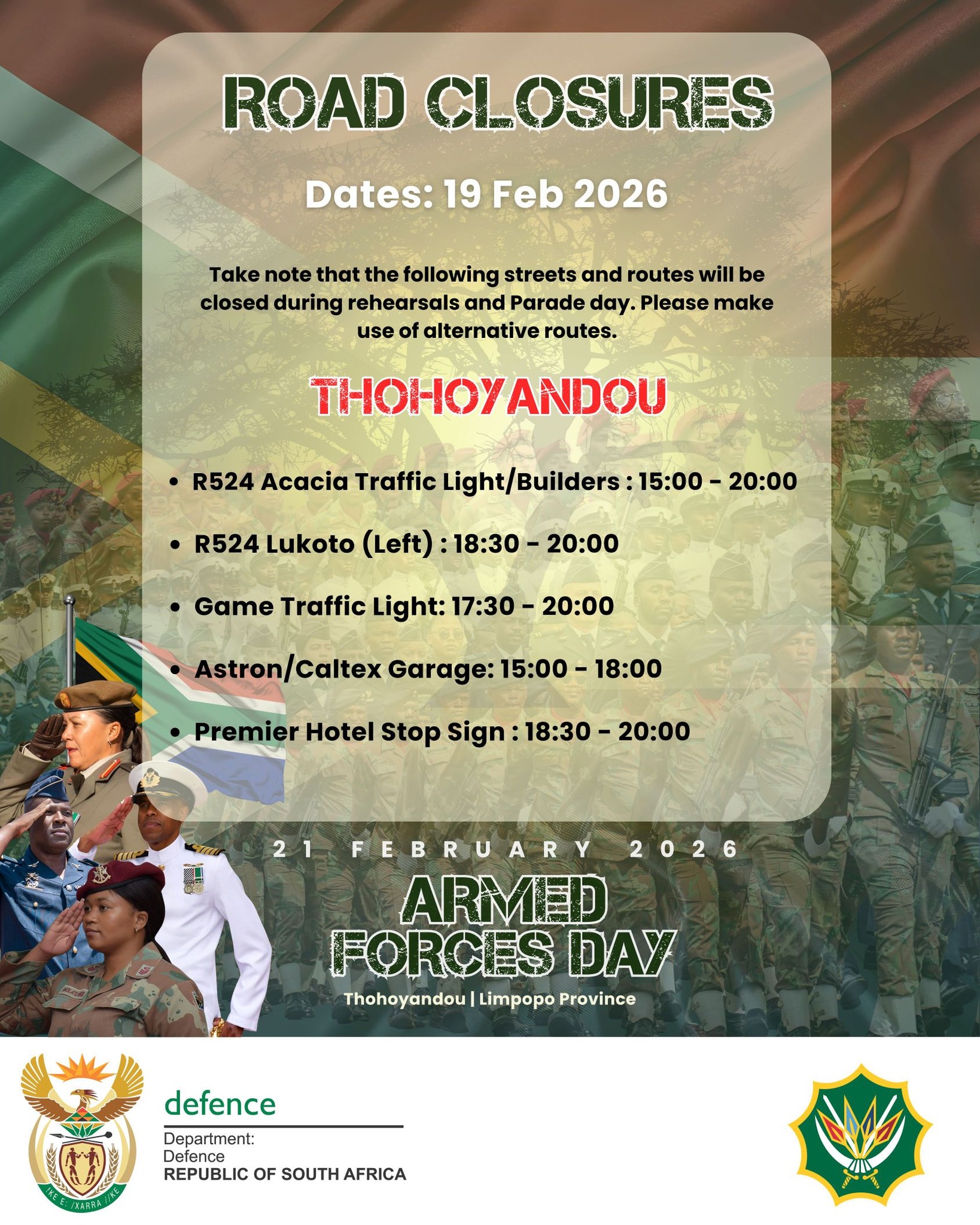 SA - Armed Forces Road Closures || Thohoyandou || 19 February 2026 ...
