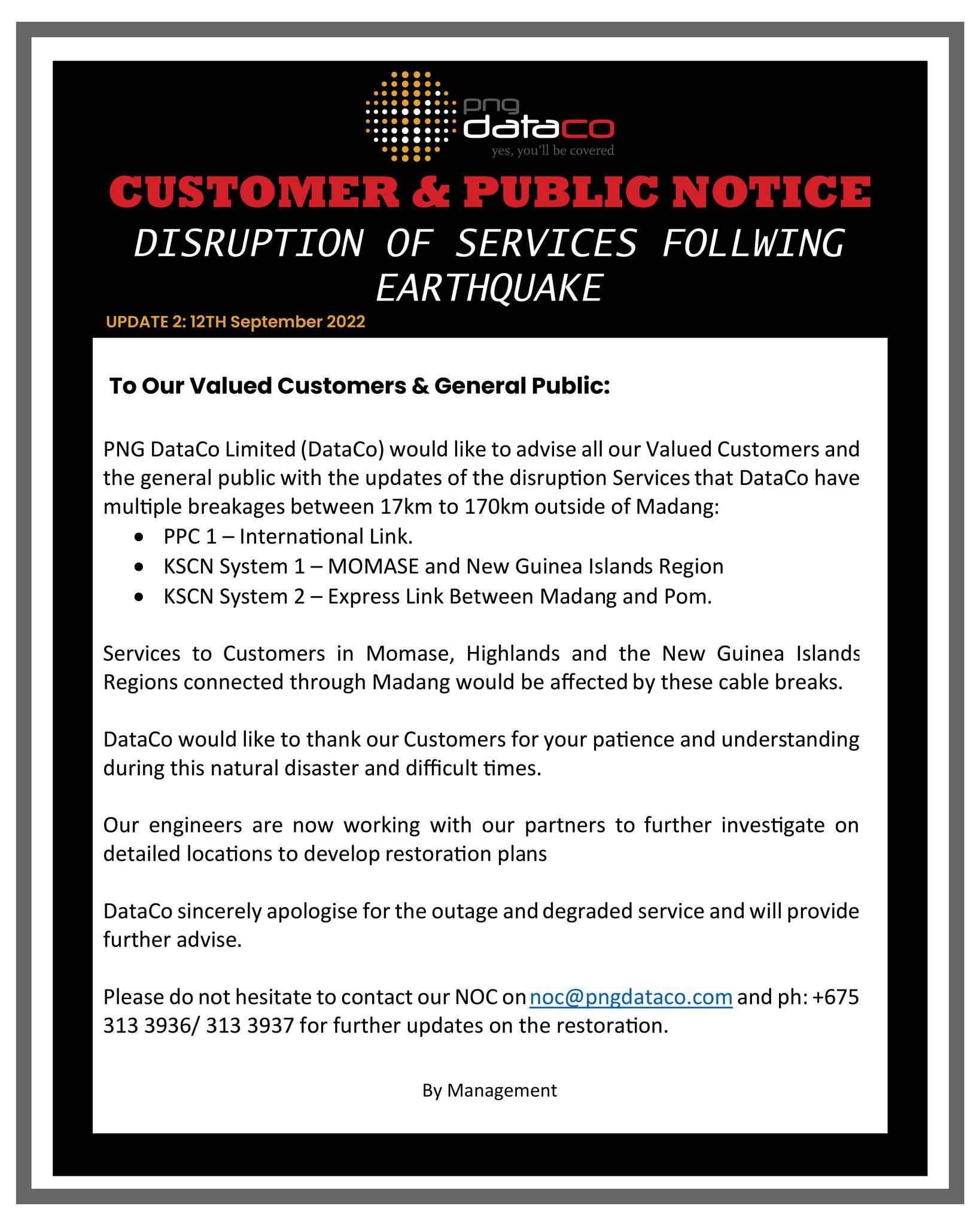 PNG Dataco - Update #2 on Service Disruption following Earthquake PNG