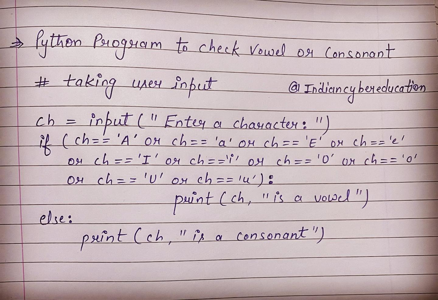 Python program to check vowels or... - Indian cyber education