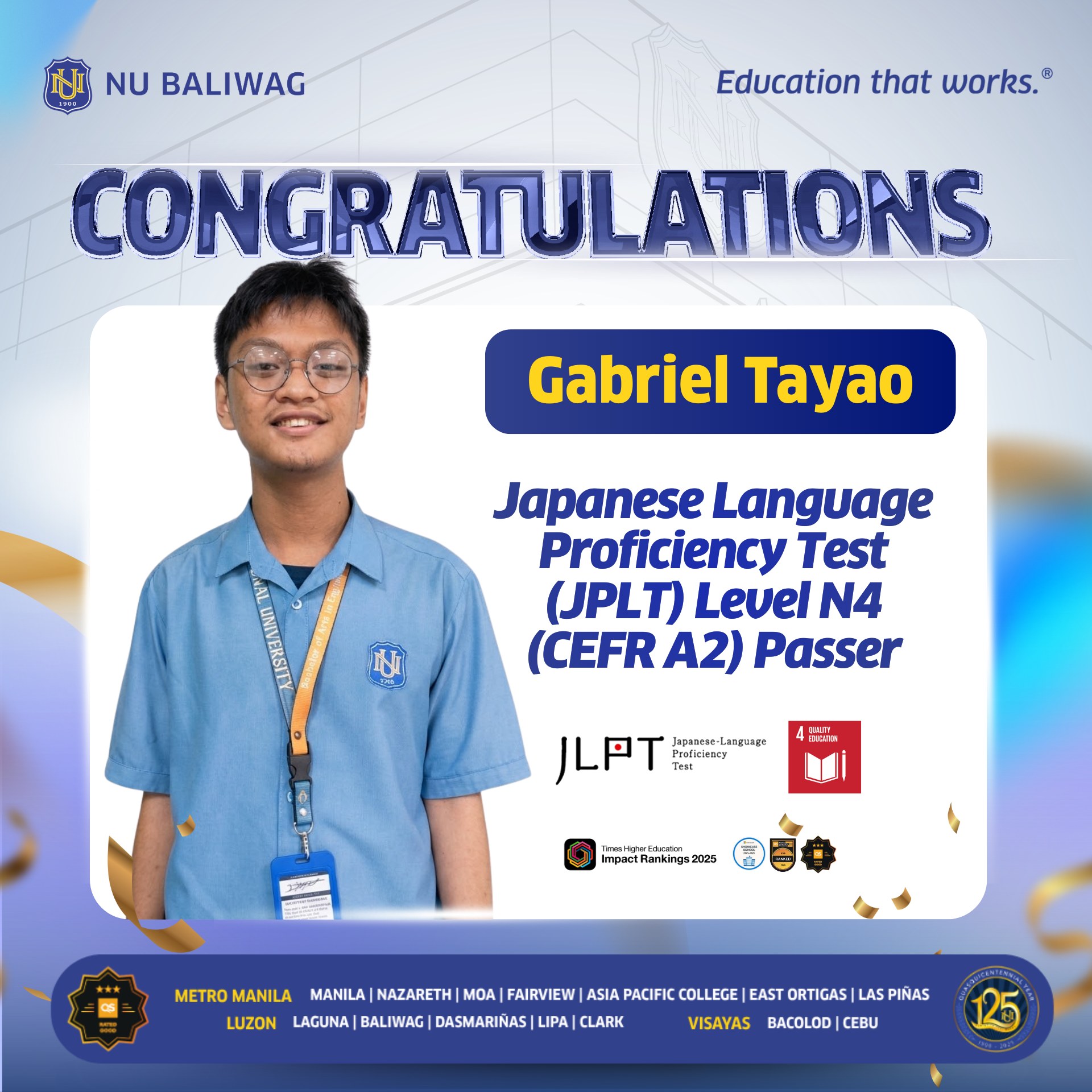NU - NU Baliwag proudly celebrates the achievement of Gabriel Tayao, a ...