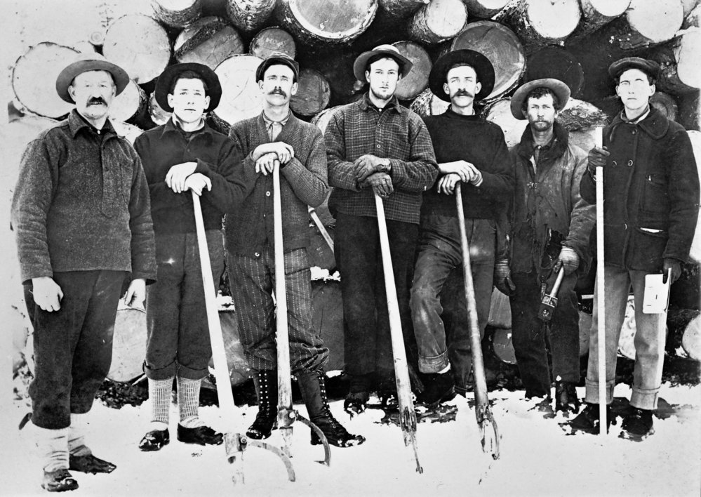 Early - 1909, group portrait of men working on a logging operation on ...