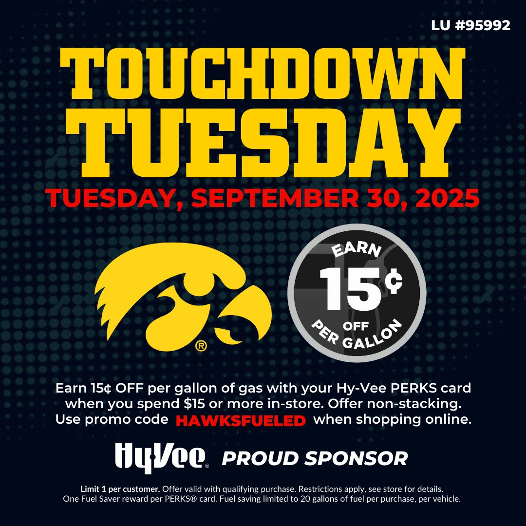 Hy-Vee - 🏈 Touchdown Tuesday! Earn 15¢ Fuel Saver with $15... | Facebook