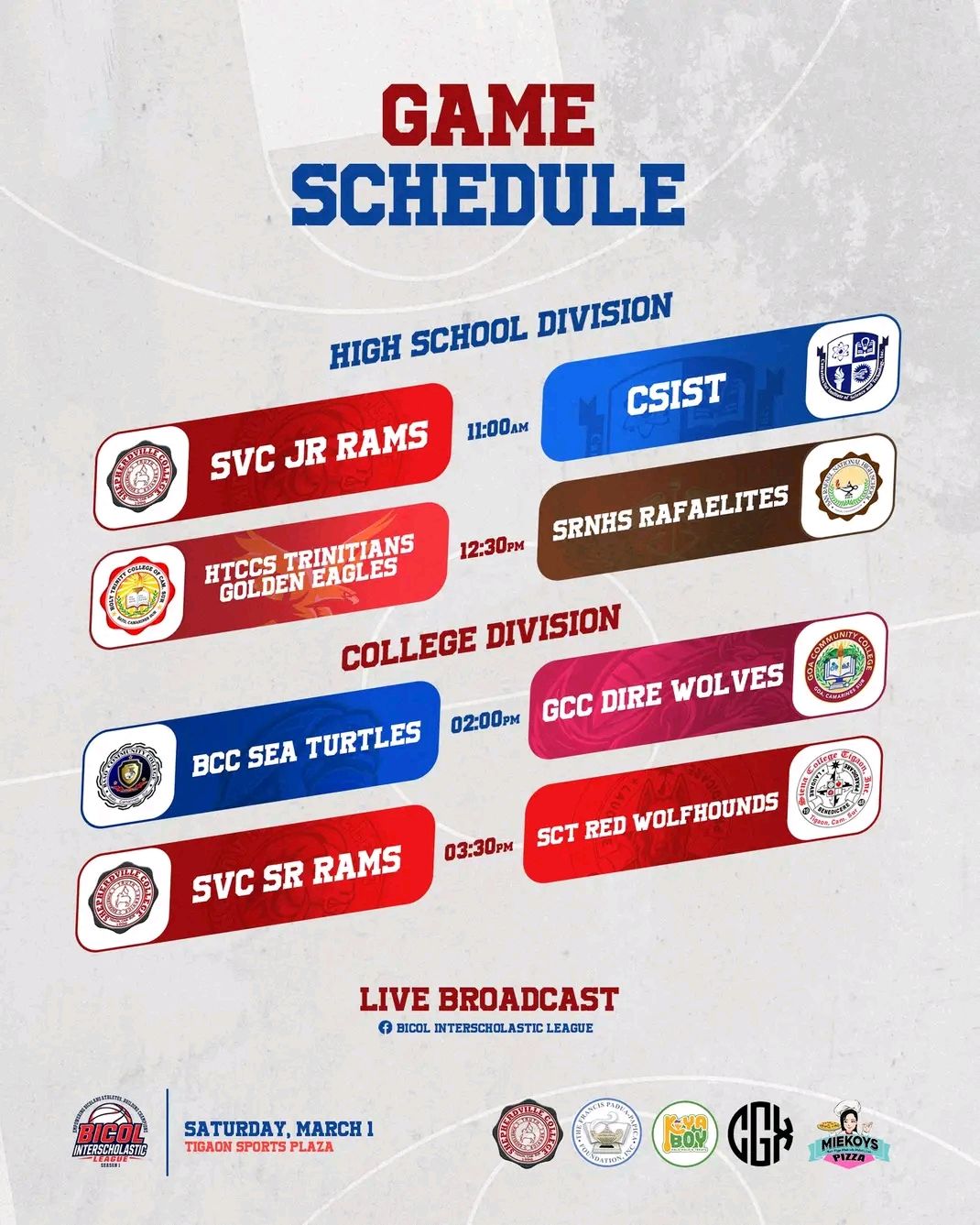 Let's - ‼️GAME SCHEDULE‼️ BICOL INTERSCHOLASTIC LEAGUE March 1, 2025 ...