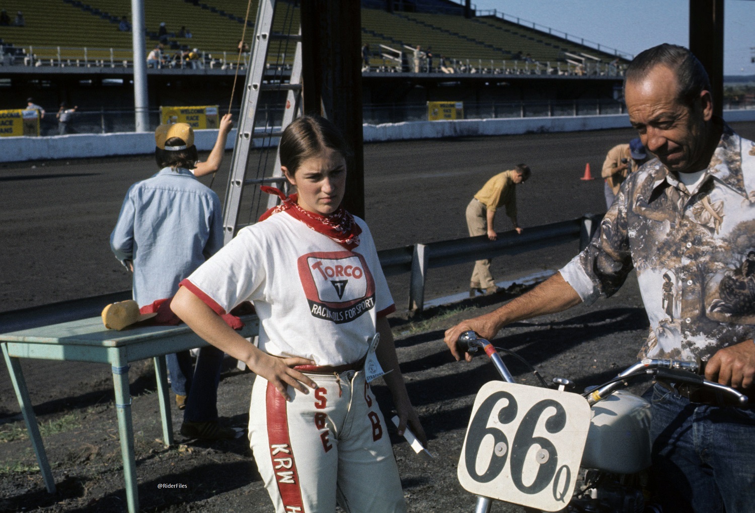 Rider - Diane Cox going through the tech line at a flat track event ...