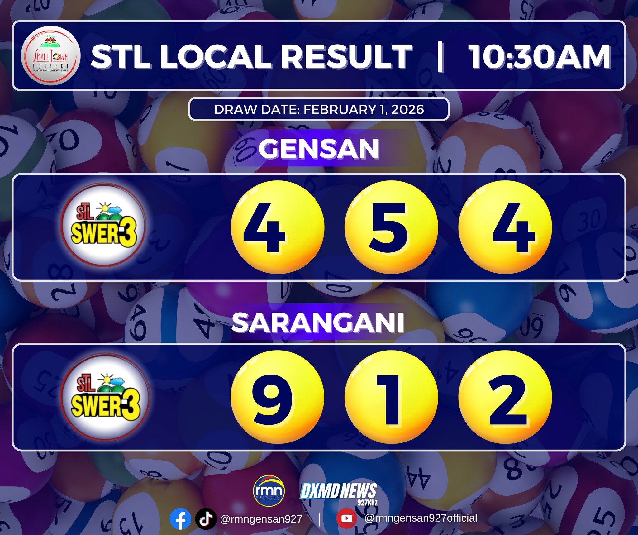 RMN - STL SWER3 10:30AM LOCAL DRAW RESULT | FEBRUARY 1, 2026 GENSAN ...