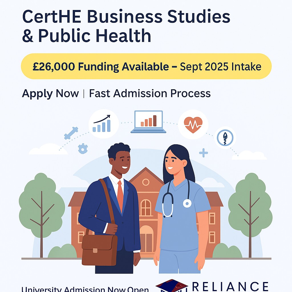 Reliance - 🎯 No A-Levels? No problem! Apply for: CertHE Public Health ...