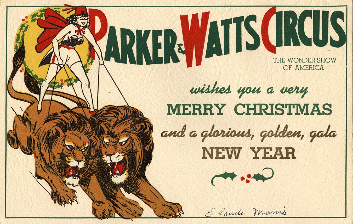 Parker & Watts Circus holiday card from the 1930s