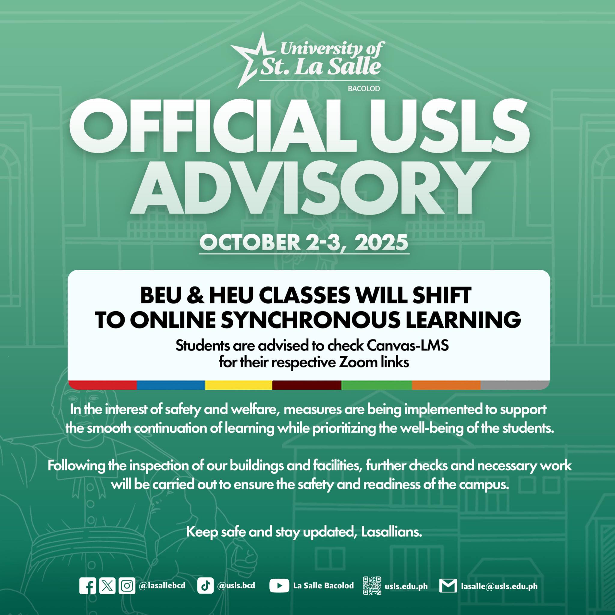 #USLSAdvisory: For the safety... - University of St. La Salle | Facebook