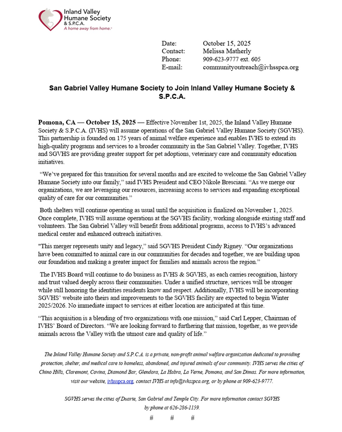 Inland - Press Release: Effective November 1, 2025, IVHS will assume ...