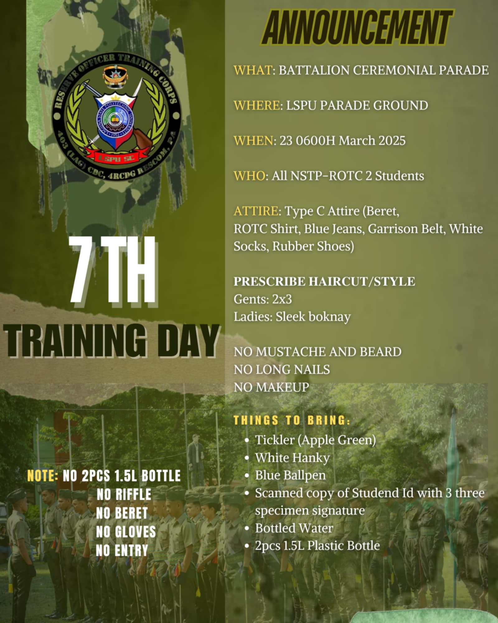 ROTC - 𝐀𝐍𝐍𝐎𝐔𝐍𝐂𝐄𝐌𝐄𝐍𝐓!!! 𝐖𝐇𝐀𝐓: BATTALION CEREMONIAL PARADE 𝐖𝐇𝐄𝐍: 23 0600H ...