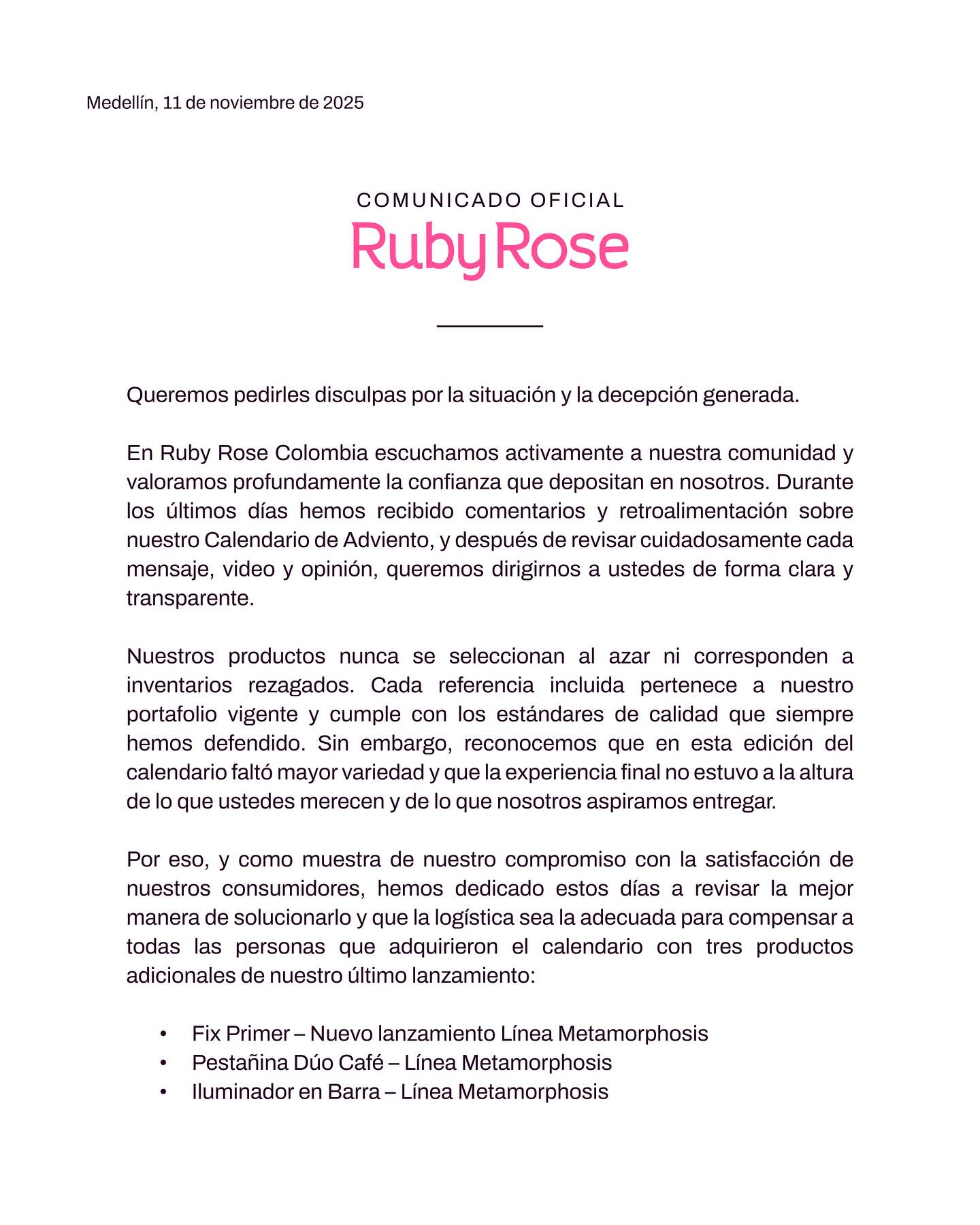 Comunicado oficial.‼️ Acá les dejamos... - Ruby Rose Colombia | Facebook