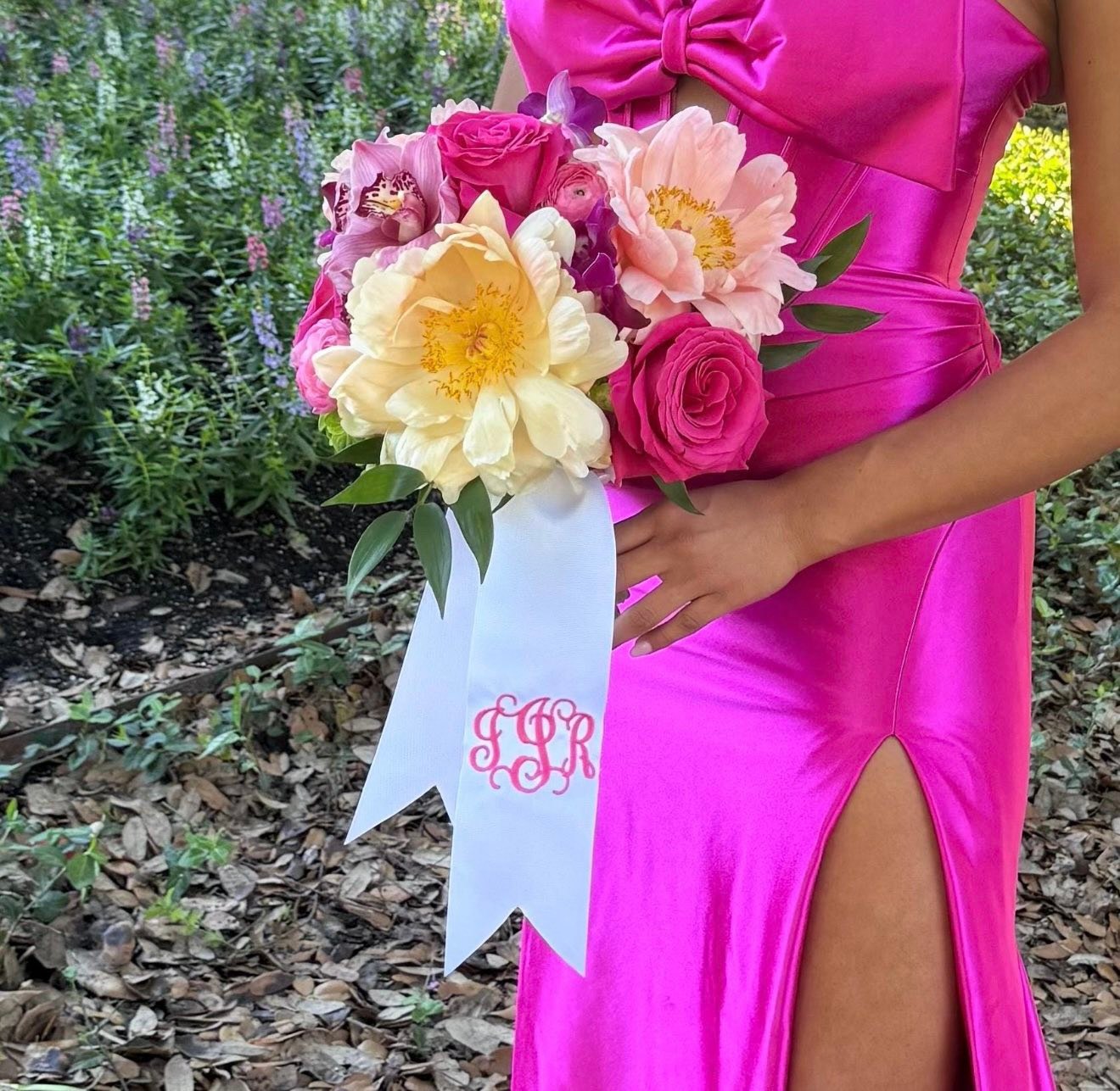 prom flowers with hot pink dress ✨ IS ALMOST HERE ✨ It's hard to believe, but prom is right around the corner! 💃 We're offering custom embroidered floral prom sashes — perfect for photos and a special Product Grouping: Matte Satin Plisse