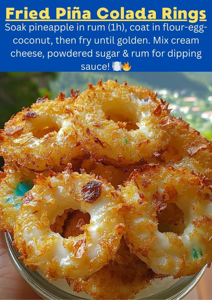 Fried Piña Colada Rings 🍍🥥🍹 Ingredients: - 8 pineapple rings 🍍 - 1 cup ...