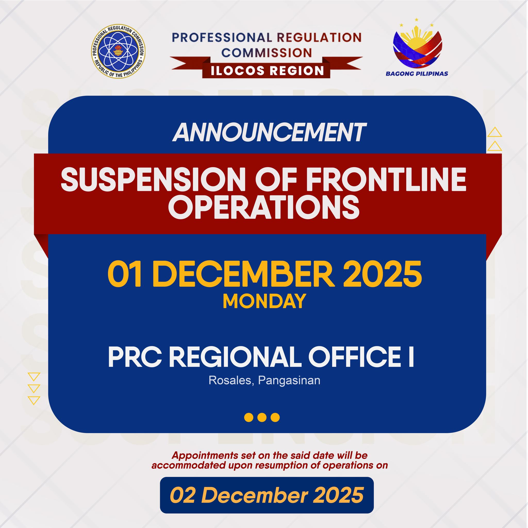 PRC - SUSPENSION OF FRONTLINE OPERATIONS ON 01 DECEMBER 2025 IN PRC ...