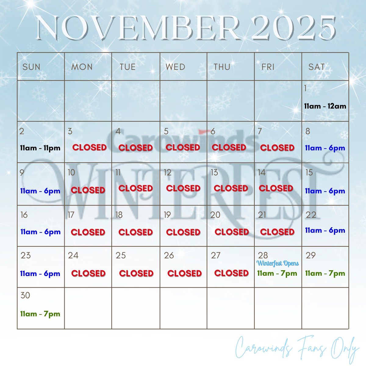 CAROWINDS NOVEMBER 2025 CALENDAR... - Carowinds Fans Only | Facebook