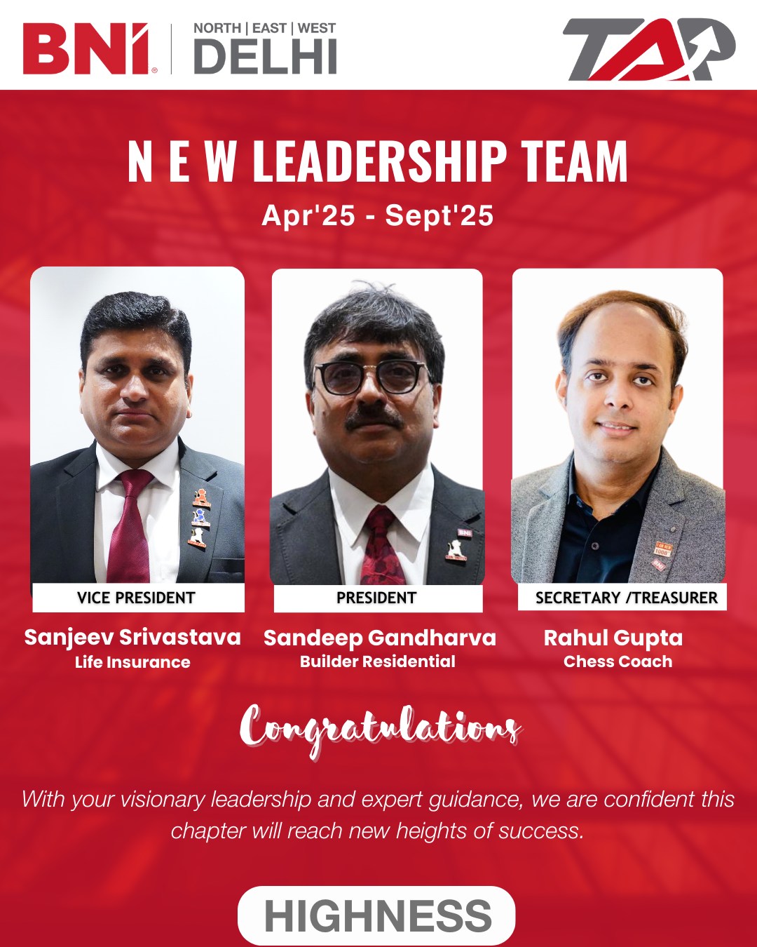 BNI New Delhi - Congratulations to the new Leadership of BNI #HIGHNESS ...