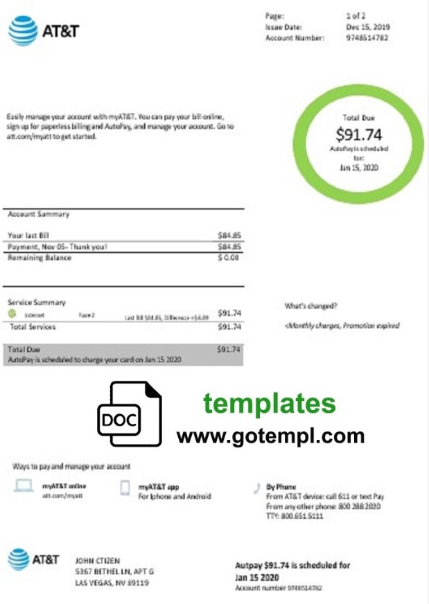 GoTempl - USA AT&T utility bill template in Word format...