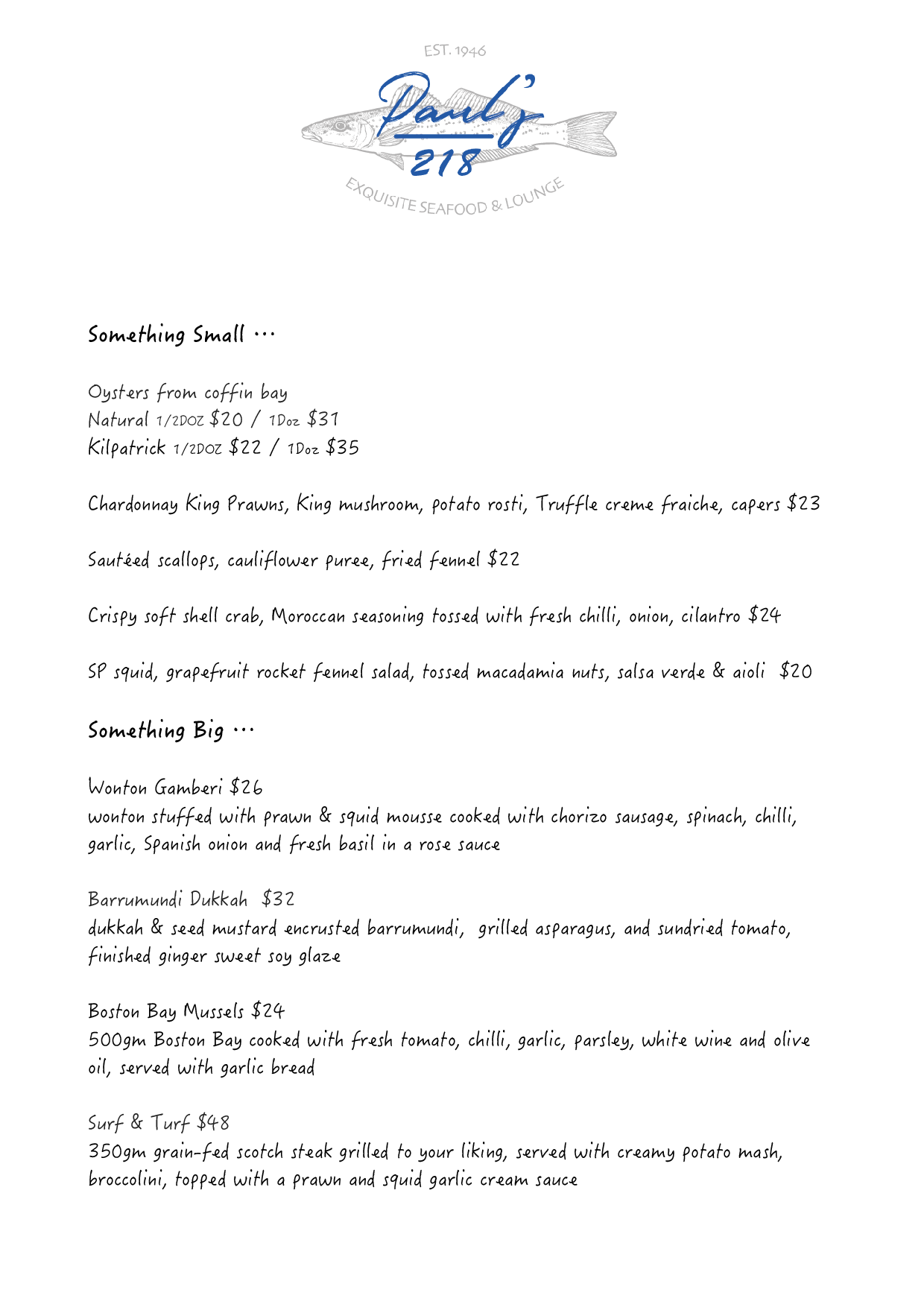 Pauls 218 - Our new menu is up! In the past year we have... | Facebook
