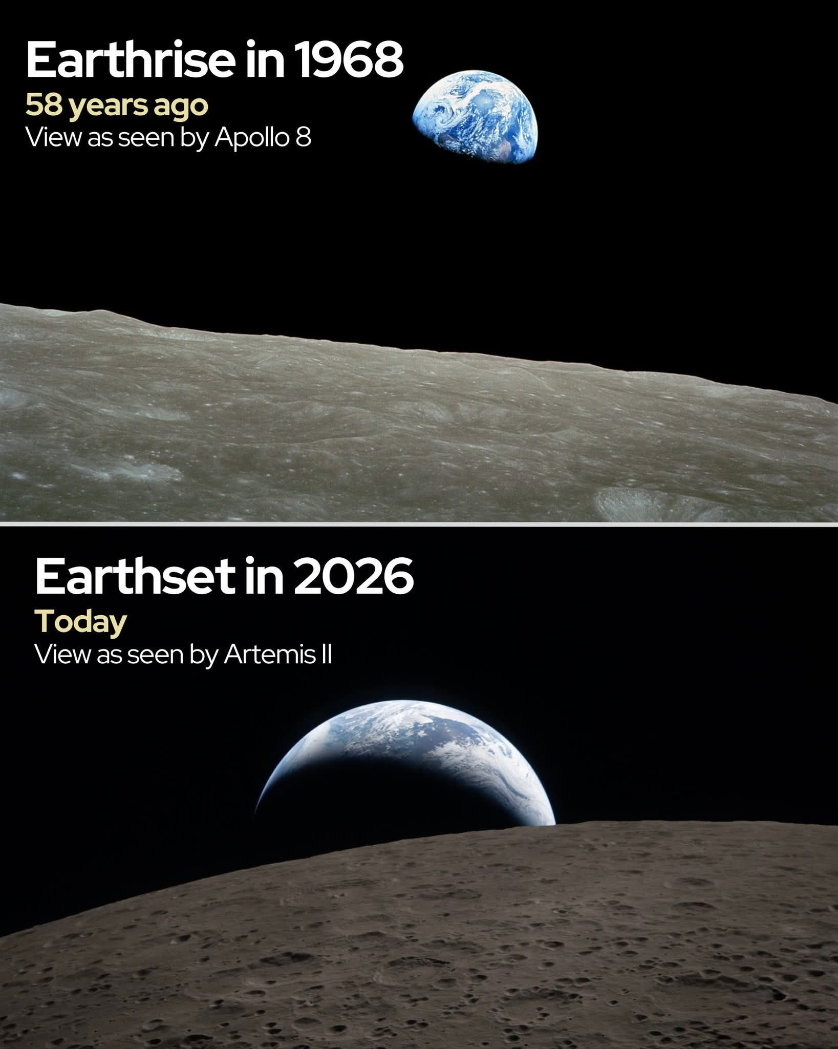Earthrise, then Earthset – 58 years later. In 1968, Apollo 8