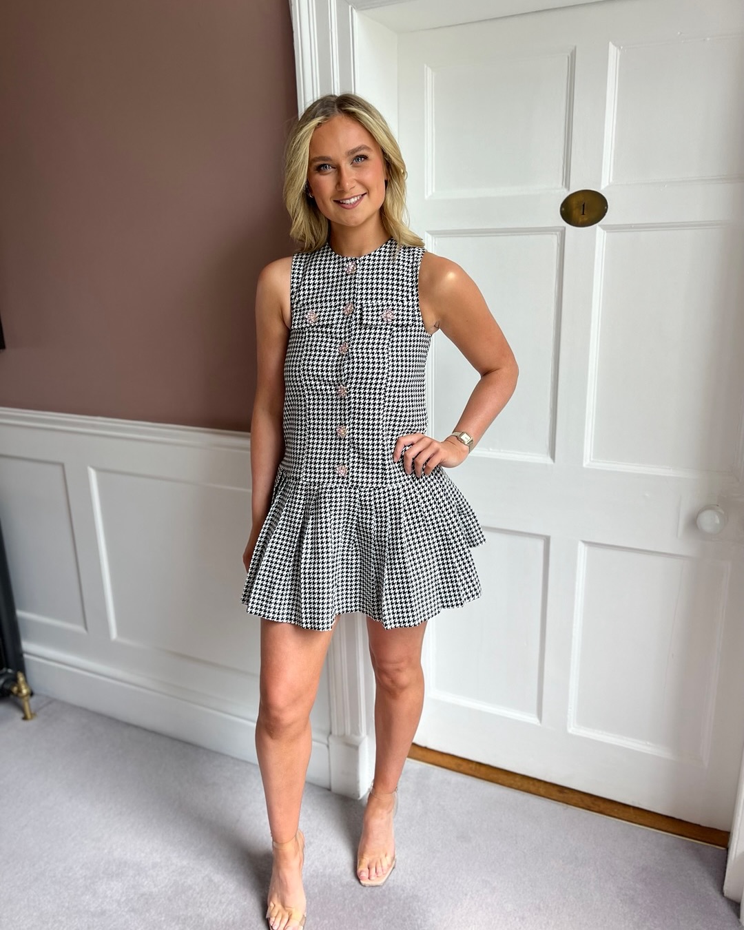 strappy houndstooth tweed a line dress We love moment💅🏼 The 'Petal' Houndstooth mini is available online and in store✨ #thestablesbirr #fashion #styling #occasionwear #girly #dresses Macy's Cut Out Side Backless Fabric:Cotton