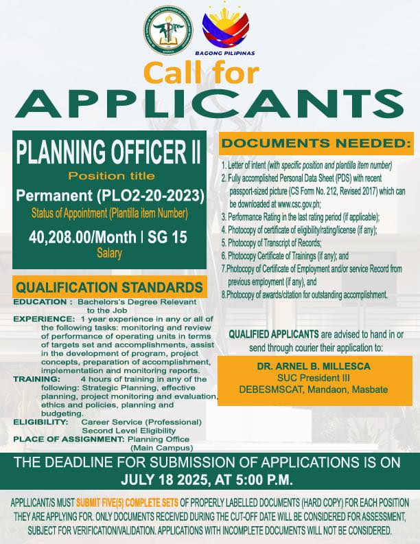 DEBESMSCAT-Masbate - DEBESMSCAT IS HIRING! (1) Planning Officer II (1 ...