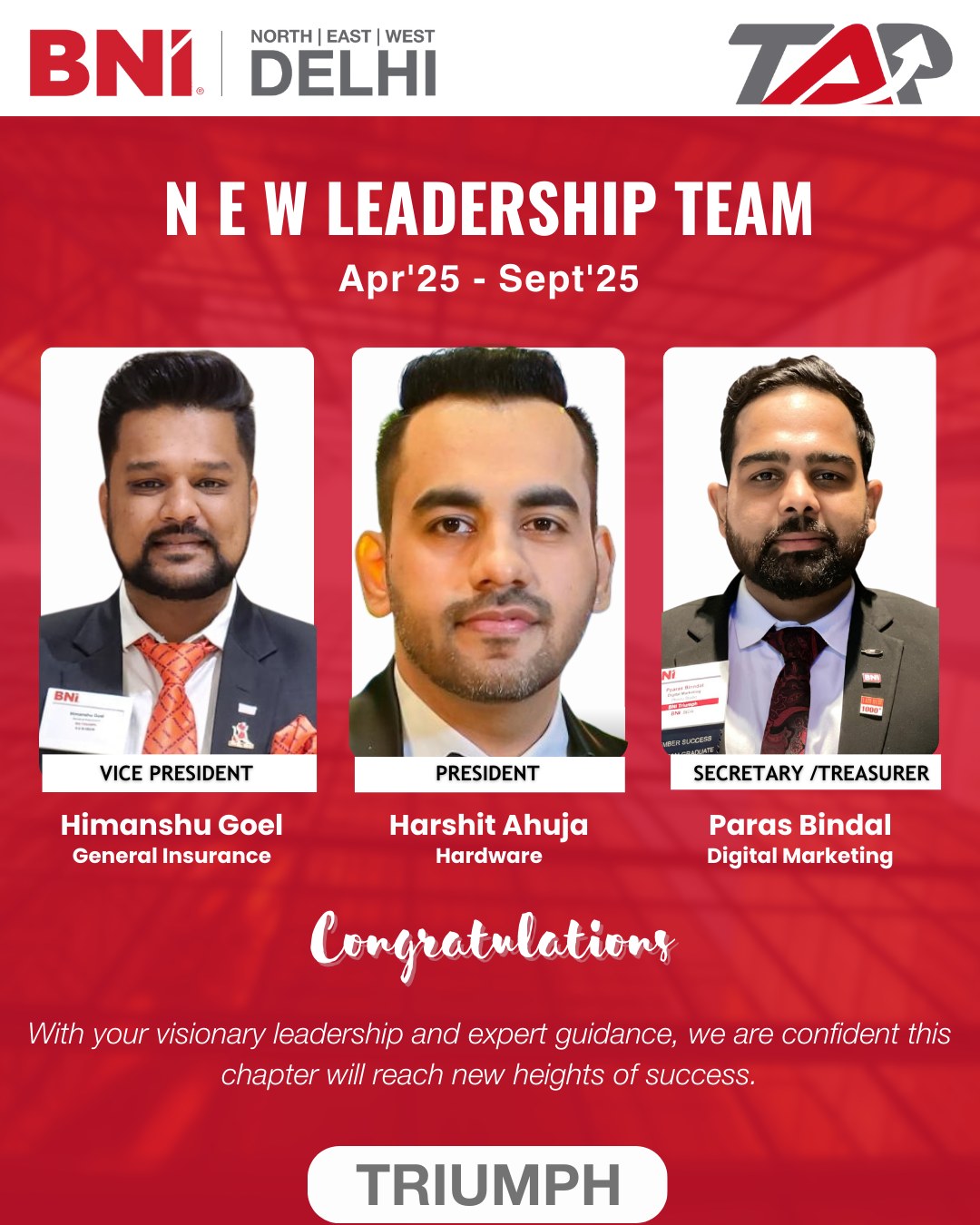 BNI New Delhi - Congratulations to the new Leadership of BNI #TRIUMPH ...